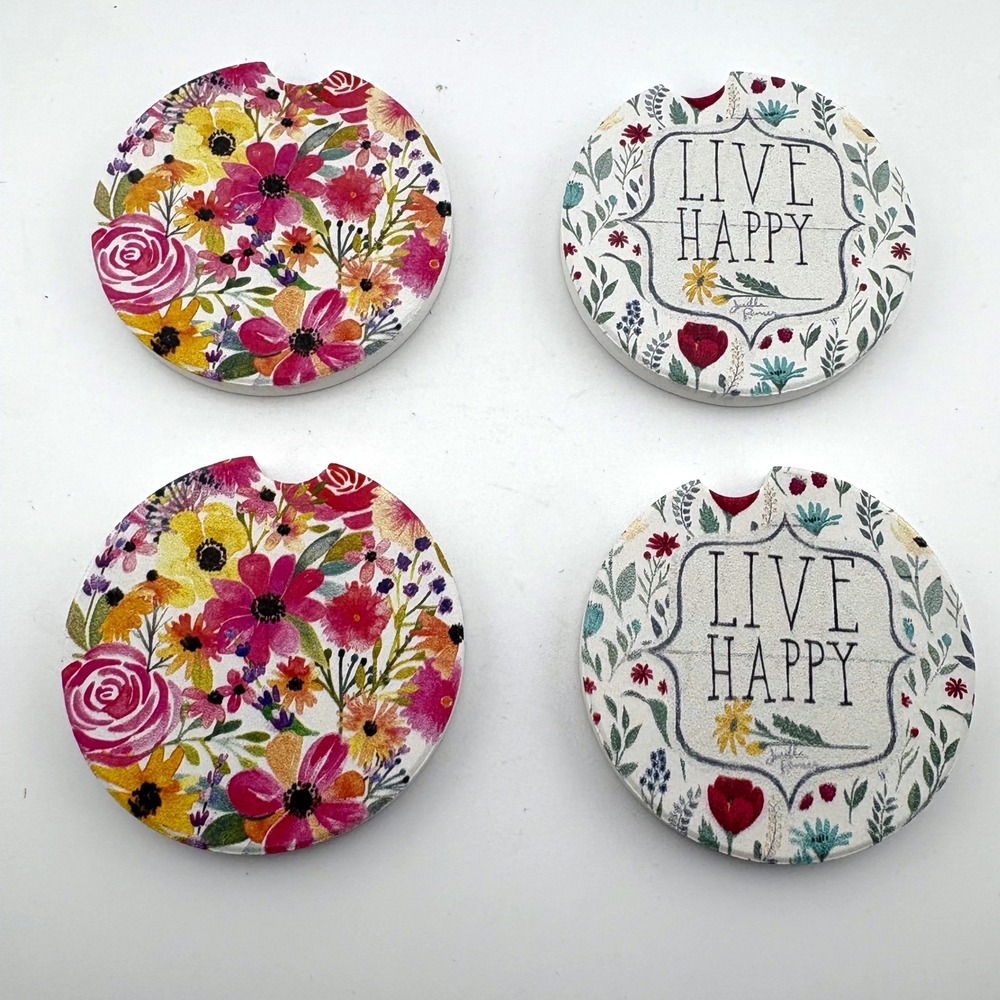 Natural Life Live Happy Floral Ceramic Car Coaster Set of 4 Pink‎ Yellow Boho